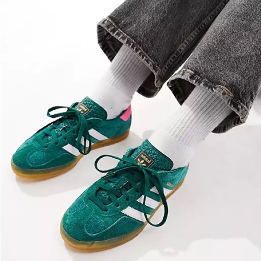 adidas Originals Gazelle Indoor trainers in green and pink